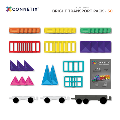 Connetix Transport Bright Pack 50 inhoud - overzicht alle magneten speelgoed onderdelen en instructieboekje