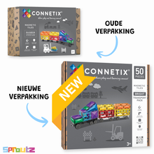 Connetix Transport Bright Pack 50 magnetische tegels - voorkant nieuwe verpakking met kleurrijke trein