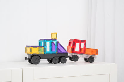 Connetix Transport Bright Pack 50 magnetisch speelgoed - twee wagons in geel, rood en oranje op wit