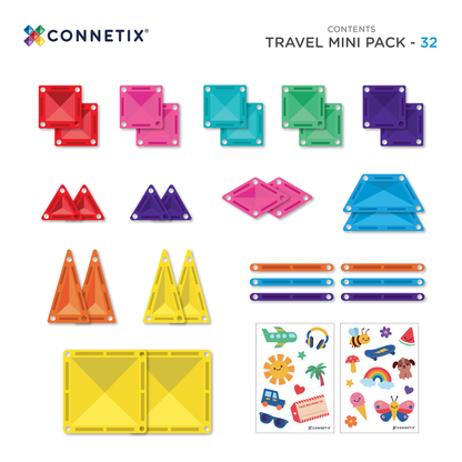 Connetix travel mini pack inhoud overzicht 32 magnetische tegels driehoeken vierkanten en stickers