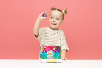 Connetix travel mini pack meisje met huisje gebouwd in koffer met magnetisch speelgoed en stickers