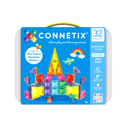Connetix travel mini pack voorkant verpakking met 32 kleurrijke magnetische tegels en stickers