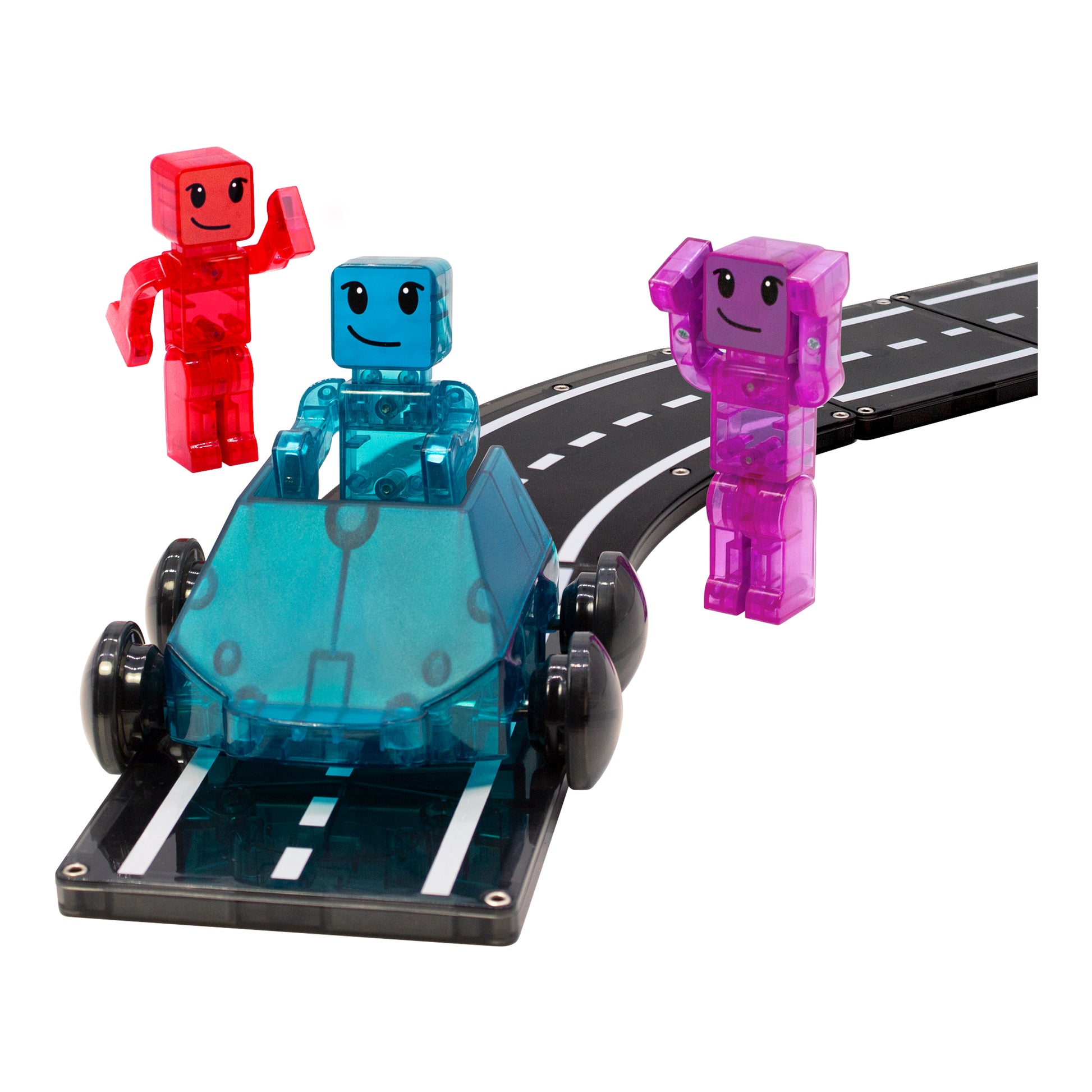 Magnetic magna tiles dashers detailfoto met drie magnetische autootjes en racebaanstuk