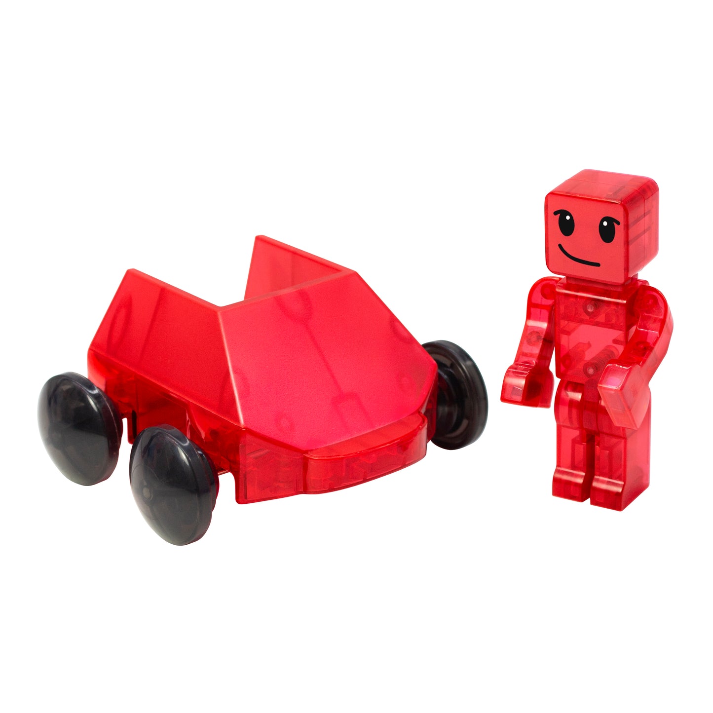 Magnetic magna tiles dashers rood magnetisch autootje met figuurtje detailfoto witte achtergrond