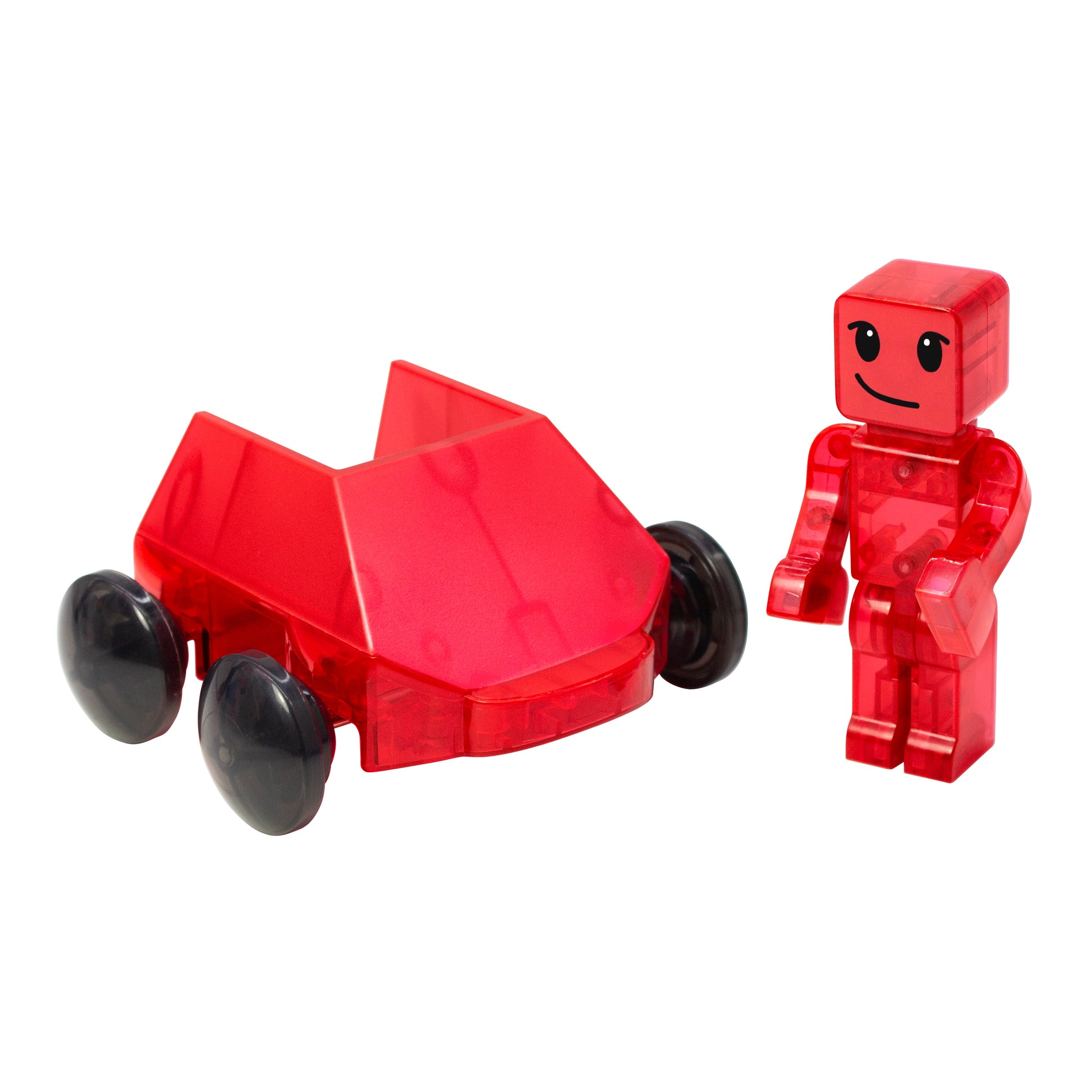 Magnetic magna tiles dashers rood magnetisch autootje met figuurtje detailfoto witte achtergrond