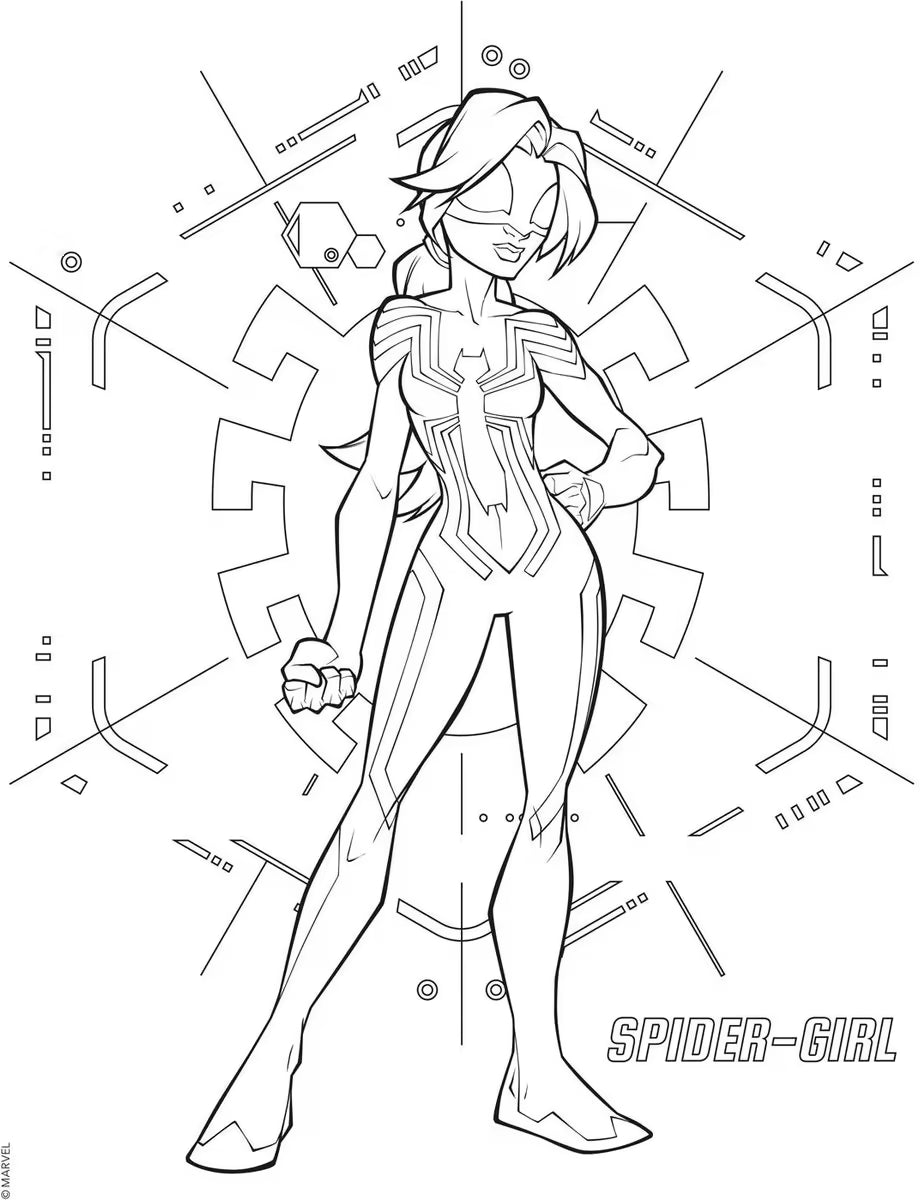 Spiderman kleurplaat van Spider-Girl in zwart-wit stijl, rechtopstaand met moderne lijnen als achtergrond.