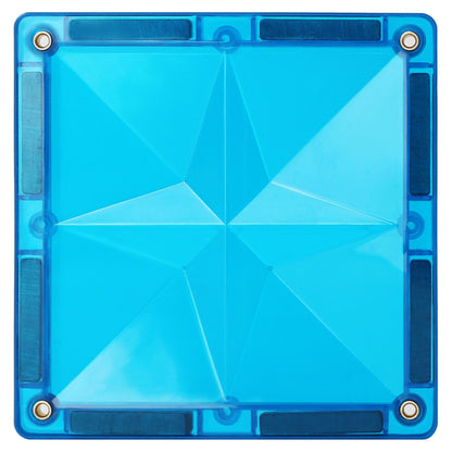 Detail foto blauwe magnetische tegel achterzijde met zichtbare magneten en geometrisch patroon