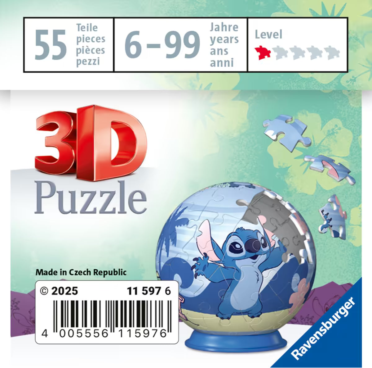 Detailfoto van de verpakking van de Ravensburger puzzle Stitch met 55 stukjes en kleurrijk strandontwerp, perfect voor jonge puzzelaars.