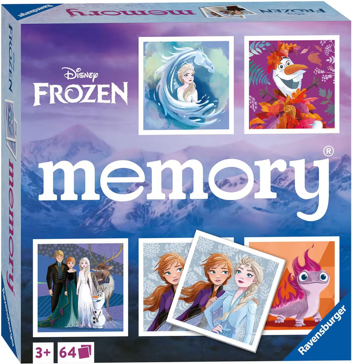 Voorkant verpakking Disney Frozen memory spel van Ravensburger, kindvriendelijk en perfect voor peuters en kleuters.