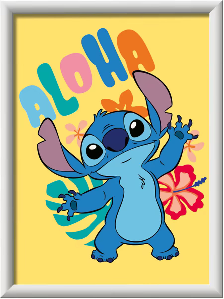 Afbeelding van Disney Stitch schilderij met Aloha tekst, vrolijk knutsel idee uit Ravensburger CreArt collectie.
