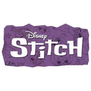Disney Stitch speelgoedlogo in paars en wit met vrolijke illustraties, speels ontwerp voor kinderen, verkrijgbaar bij Sproutz webshop.