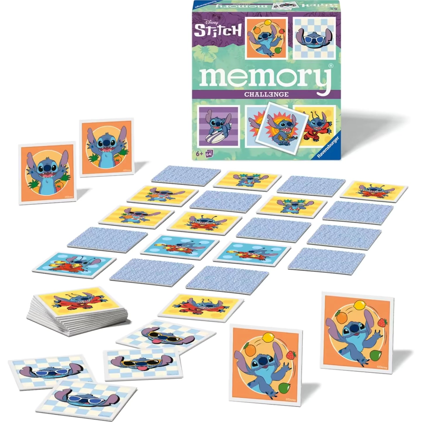 Overzicht van Disney Stitch memory kaarten van Ravensburger, educatief speelgoed voor kinderen.