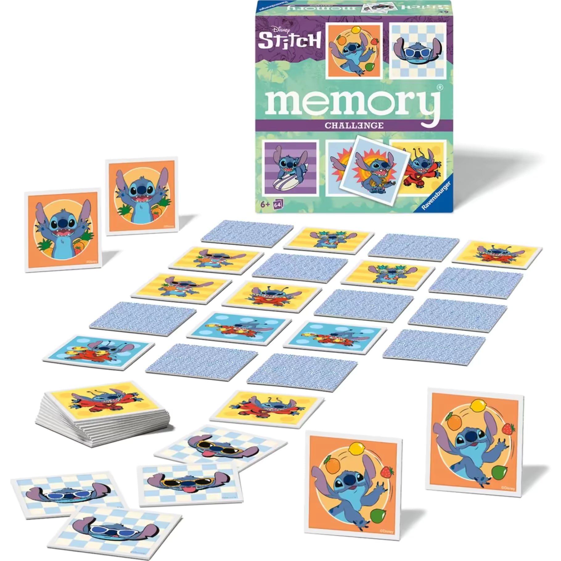 Overzicht van Disney Stitch memory kaarten van Ravensburger, educatief speelgoed voor kinderen.
