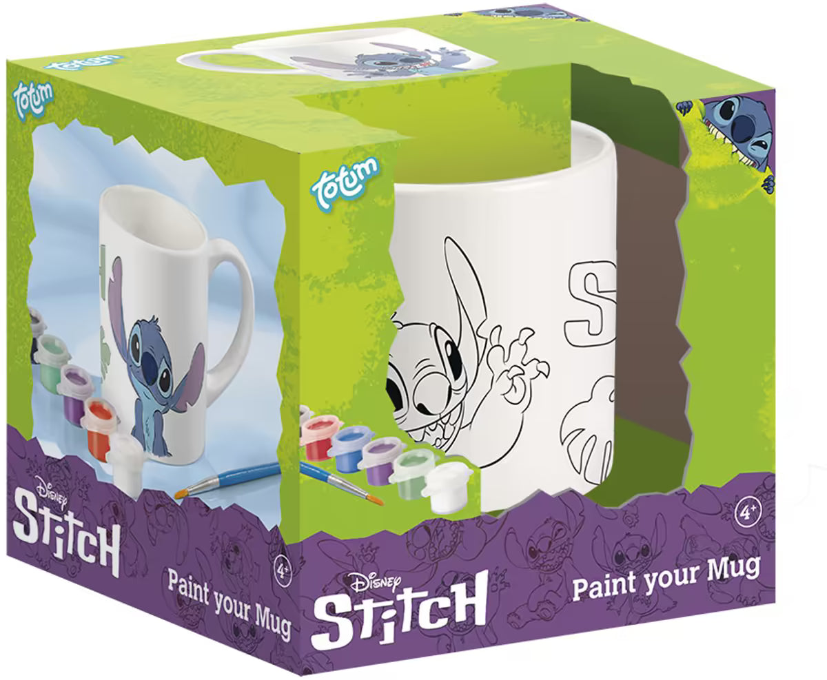Voorzijde doos Disney Totum Stitch verf je mok set, kleurrijke verpakking en ideaal cadeau voor kinderen vanaf 4 jaar
