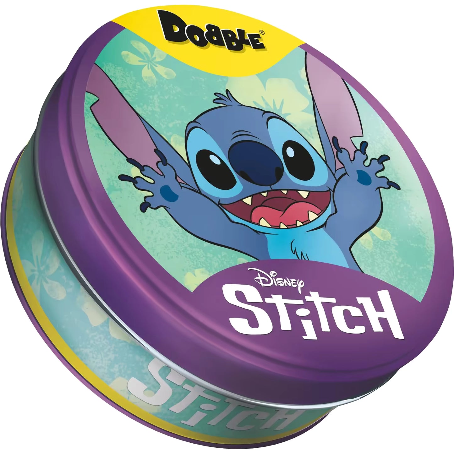 Bovenaanzicht van het Dobble Stitch blik met kleurrijke Disney Stitch print, kaartspel en reactiespel voor jong en oud.