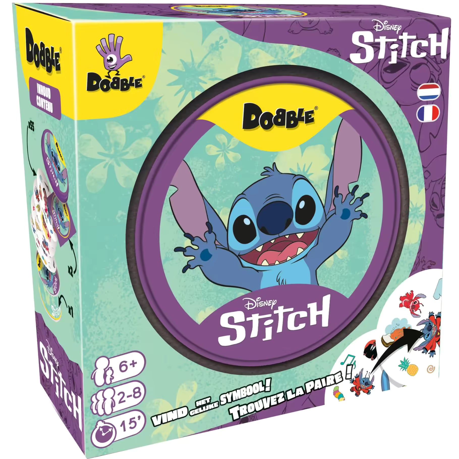 Voorkant verpakking van Dobble Stitch kaartspel met kleurrijk design en spelinfo, ideaal zoekspel en reactiespel voor kinderen.