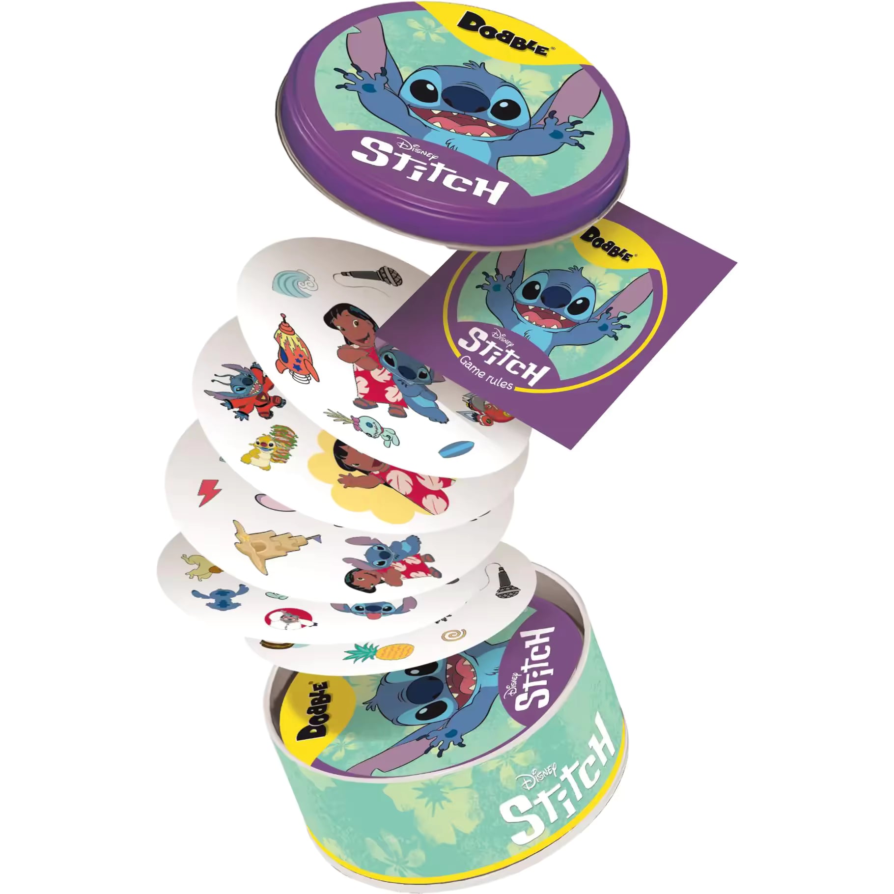Kindvriendelijk Dobble Stitch kaartspel met ronde kaarten en blikverpakking, zoekspel dat motoriek en reactiesnelheid traint.