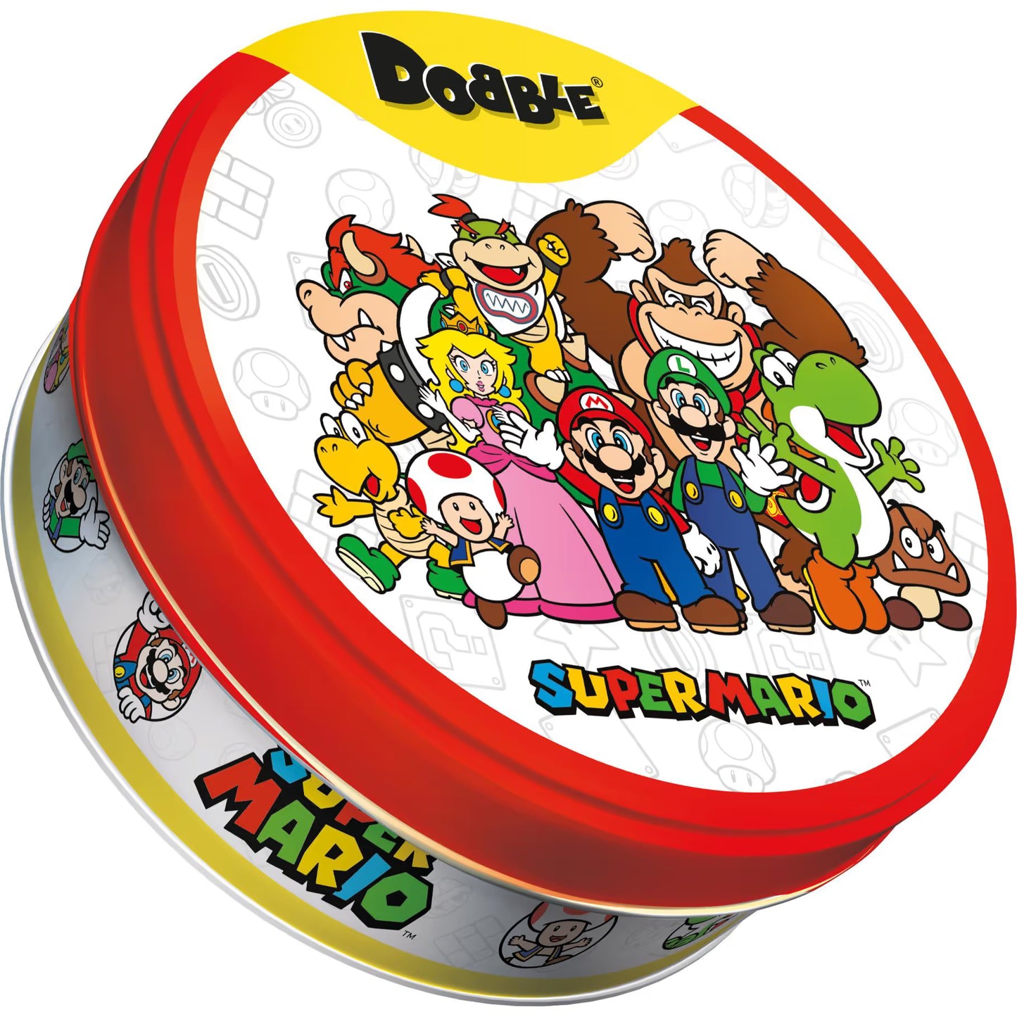 Ronde Dobble Super Mario kaarten met herkenbare Nintendo figuren in een metalen blik, leuk reactiespel en kaartspel voor kinderen.