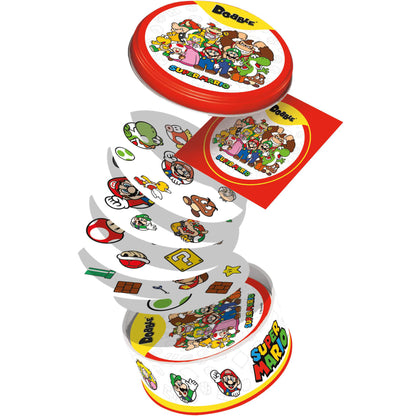 Uitgestrooide Dobble Super Mario kaarten met Nintendo karakters zoals Bowser en Toad, leuk zoekspel en cognitief motorisch spel voor kinderen.