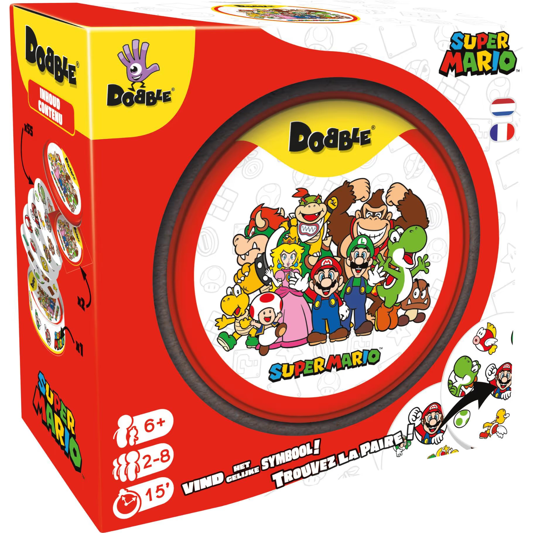 Voorkant van Dobble Super Mario verpakking met Mario, Luigi, Yoshi en Peach, kleurrijk kaartspel en zoekspel voor kinderen vanaf 6 jaar.