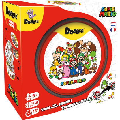 Voorkant van Dobble Super Mario verpakking met Mario, Luigi, Yoshi en Peach, kleurrijk kaartspel en zoekspel voor kinderen vanaf 6 jaar.