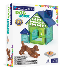 Verpakking van het 13-delige Magna Tiles Dog House met kleurrijk hondenhok, hond en pootafdruk-tegel.