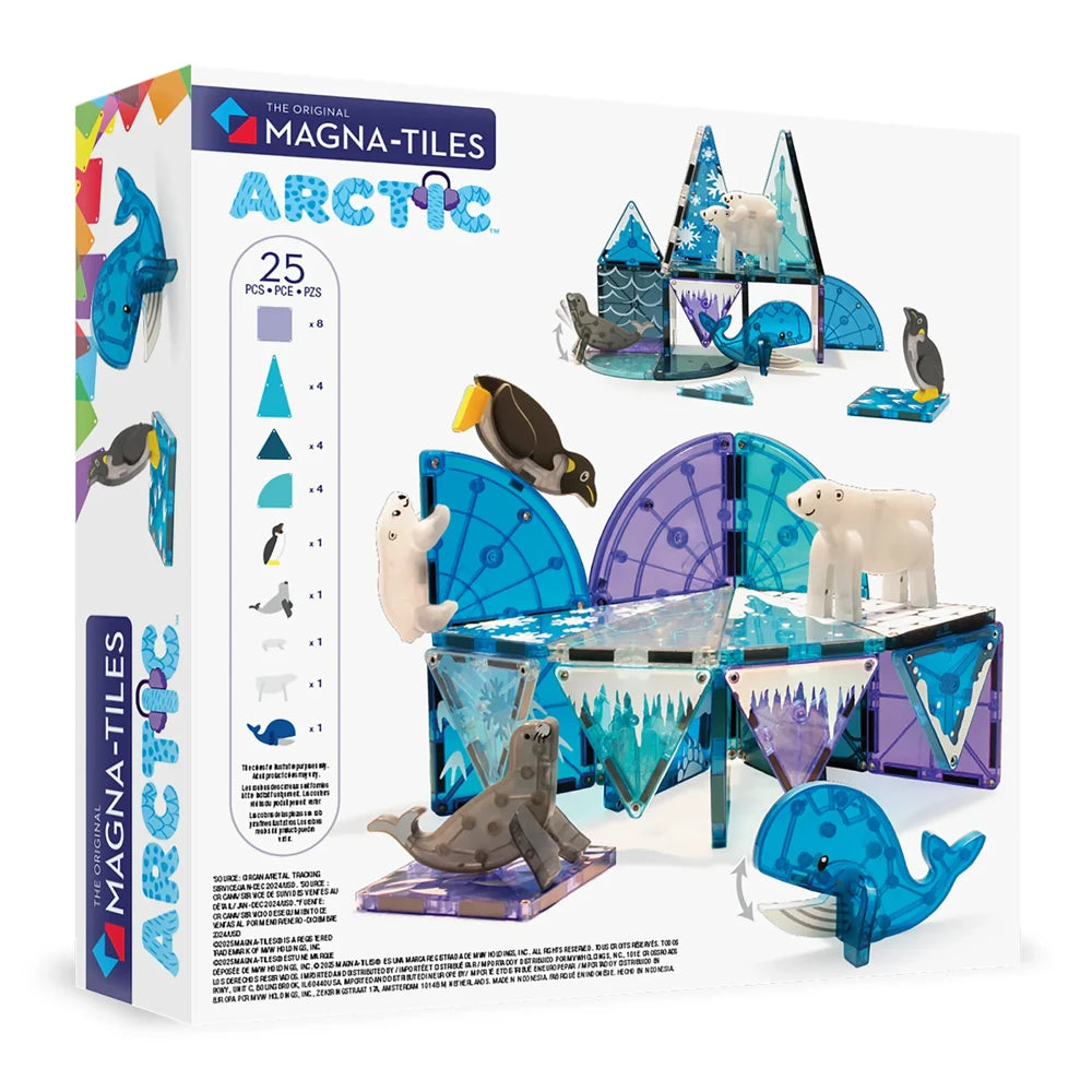 Achterzijde doos met magnetic Magna Tiles Arctic Animals, 25 magnetische bouwtegels met poolbeer, walvis, zeehond en pinguin.
