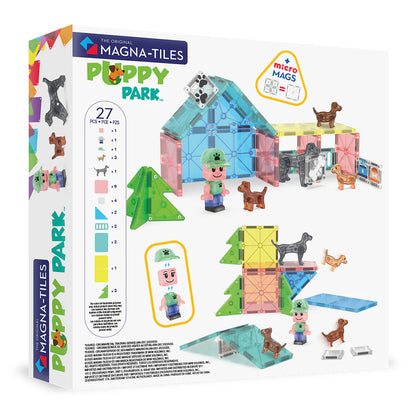 achterkant doos Magnetic Magna Tiles Puppy Park set met 27 magnetische bouwstenen, inclusief hondjes en speelelementen.