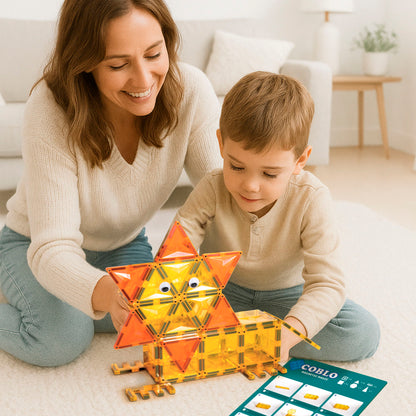 Educatief speelgoed Coblo magnetische bouwstenen met wiebeloogjes, kind bouwt kat volgens bouwkaart thuis