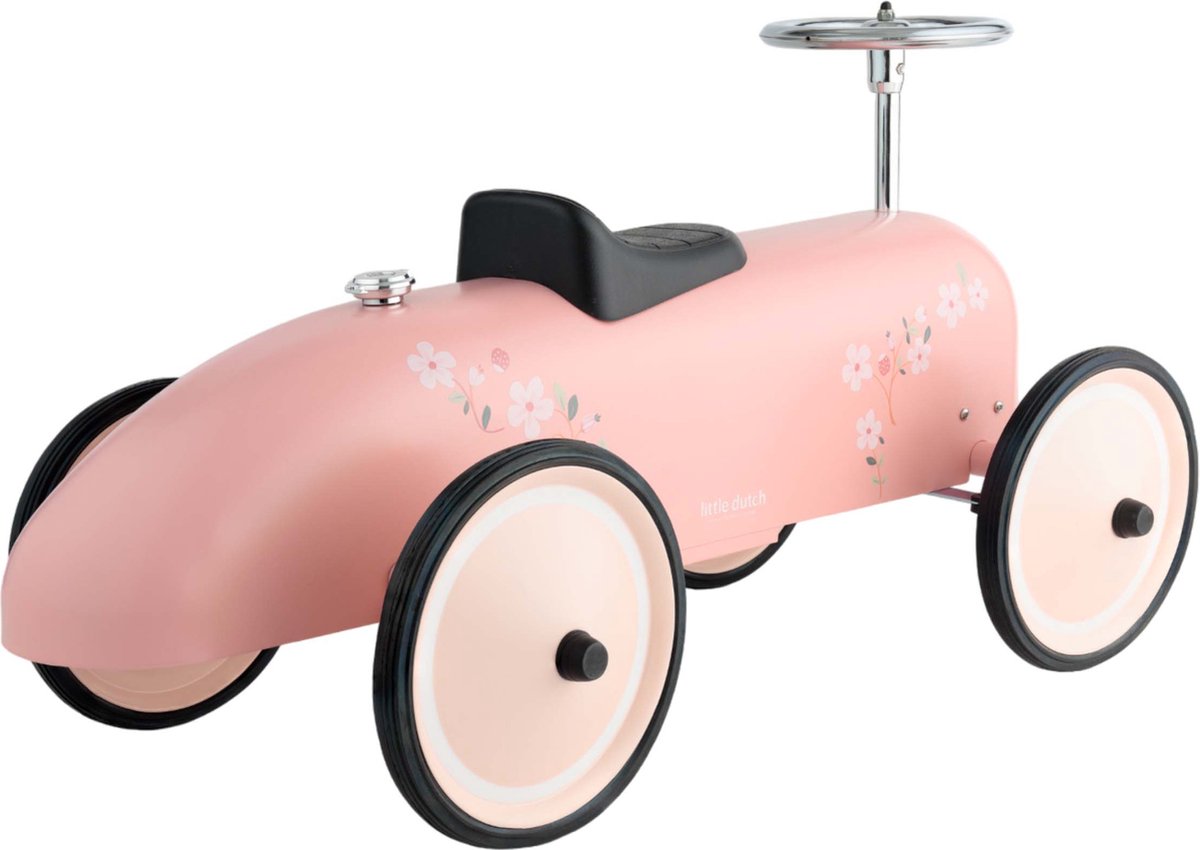 Educatief speelgoed loopauto roze Little Dutch met bloemmotief, driekwart hoek detail