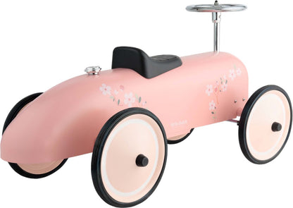 Educatief speelgoed loopauto roze Little Dutch met bloemmotief, driekwart hoek detail