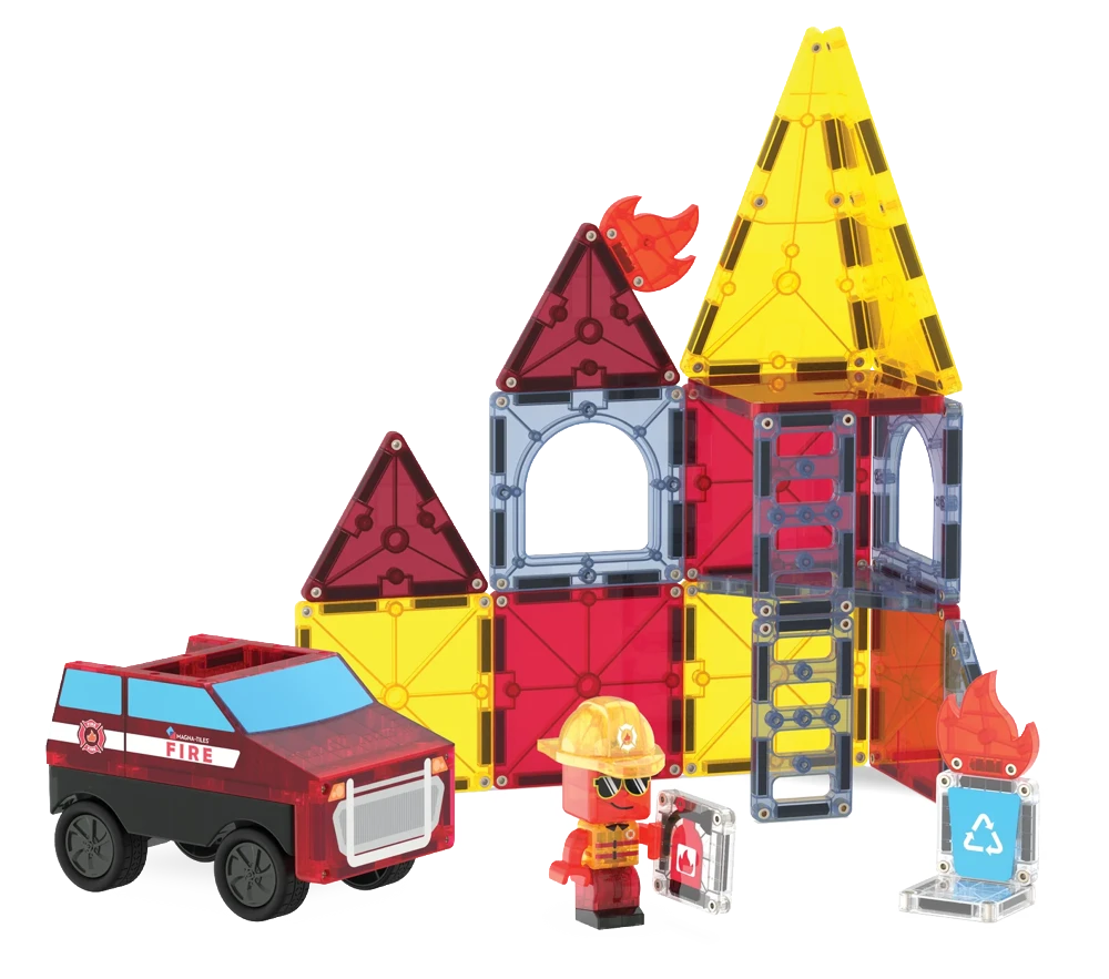 Speelgoed brandweerkazerne met magneet tegels, brandweerwagen en MicroMAGS brandweerman van Magna Tiles.