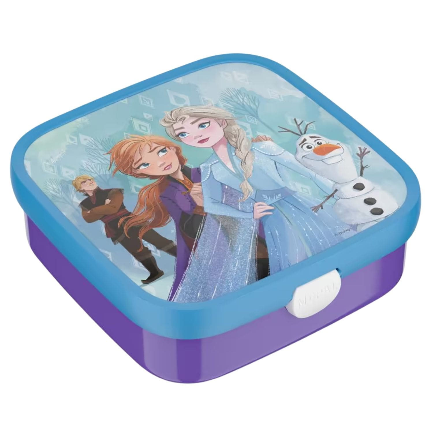 Kindvriendelijke Frozen broodtrommel van Mepal in paars en blauw, ideale lunchbox voor kinderen op school.