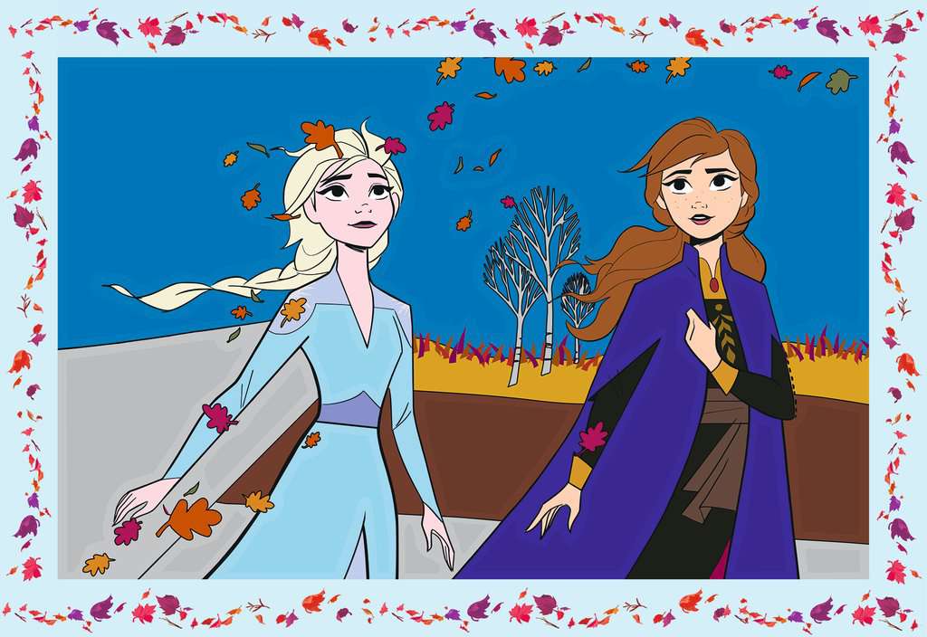 Frozen CreArt schilderij met Anna en Elsa omringd door herfstblaadjes, kleurrijk knutsel idee voor kinderen