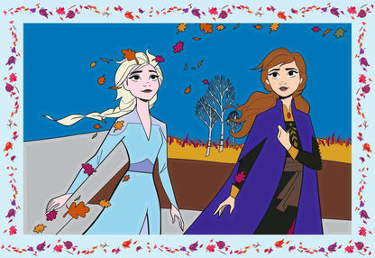 Frozen CreArt schilderij met Anna en Elsa omringd door herfstblaadjes, kleurrijk knutsel idee voor kinderen