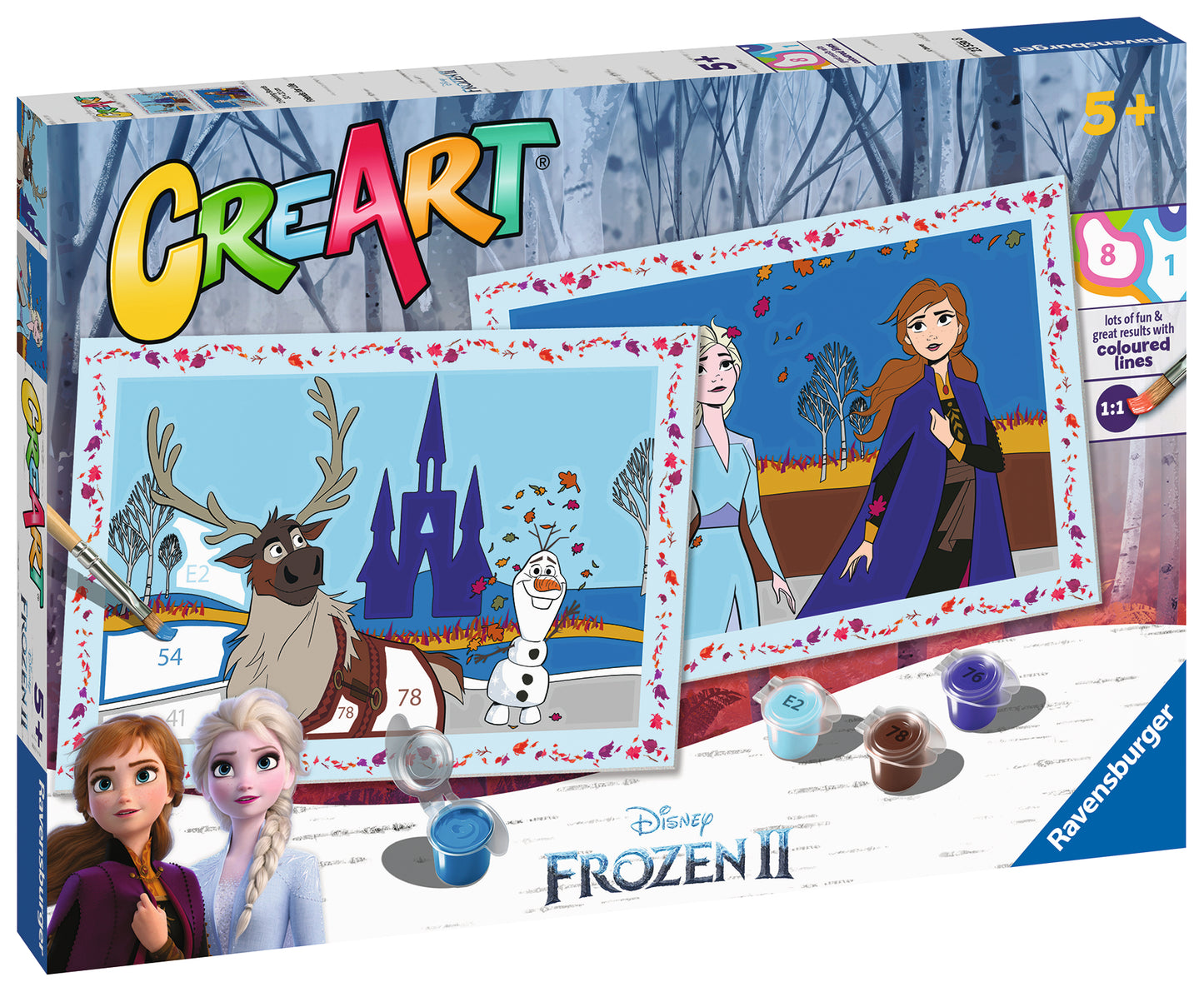 Frozen CreArt doos zijkant met Anna, Elsa, Sven en Olaf schilderijen, creatief Frozen cadeau voor kinderen