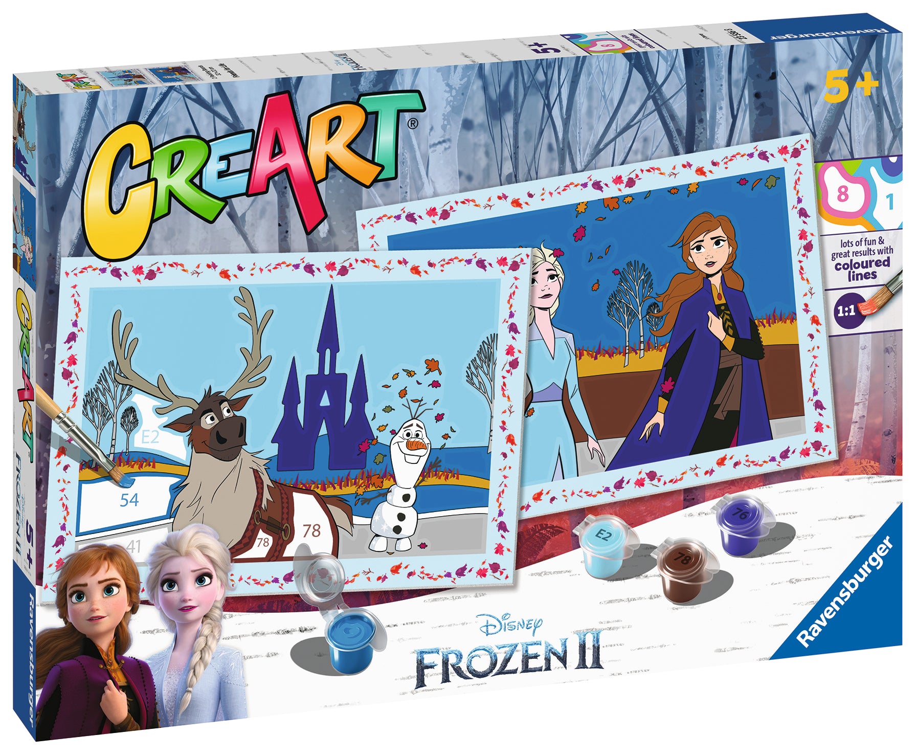 Frozen CreArt doos zijkant met Anna, Elsa, Sven en Olaf schilderijen, creatief Frozen cadeau voor kinderen