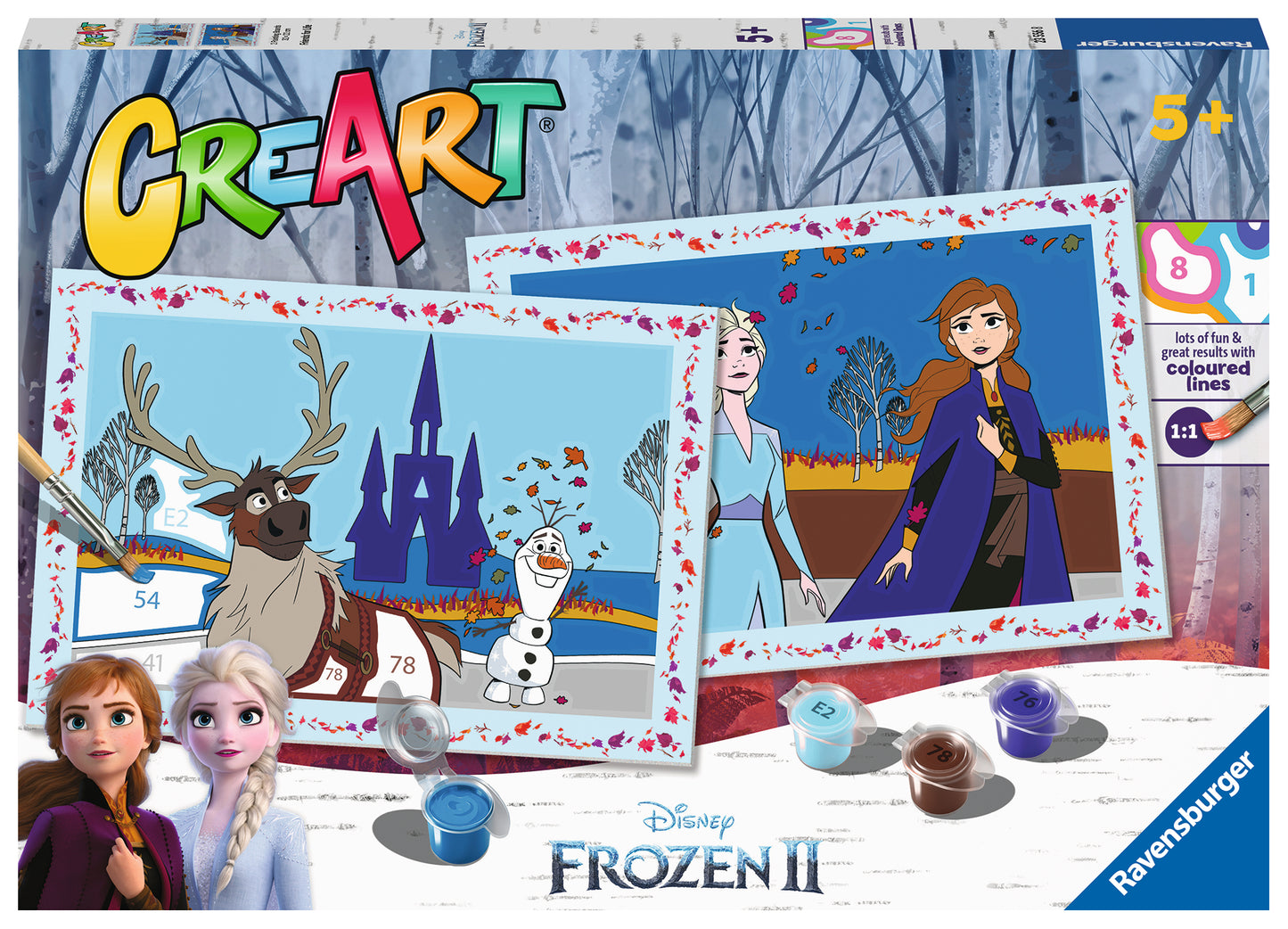 Frozen CreArt verpakking voorkant met Disney personages, knutselen met kinderen vanaf 5 jaar, Ravensburger