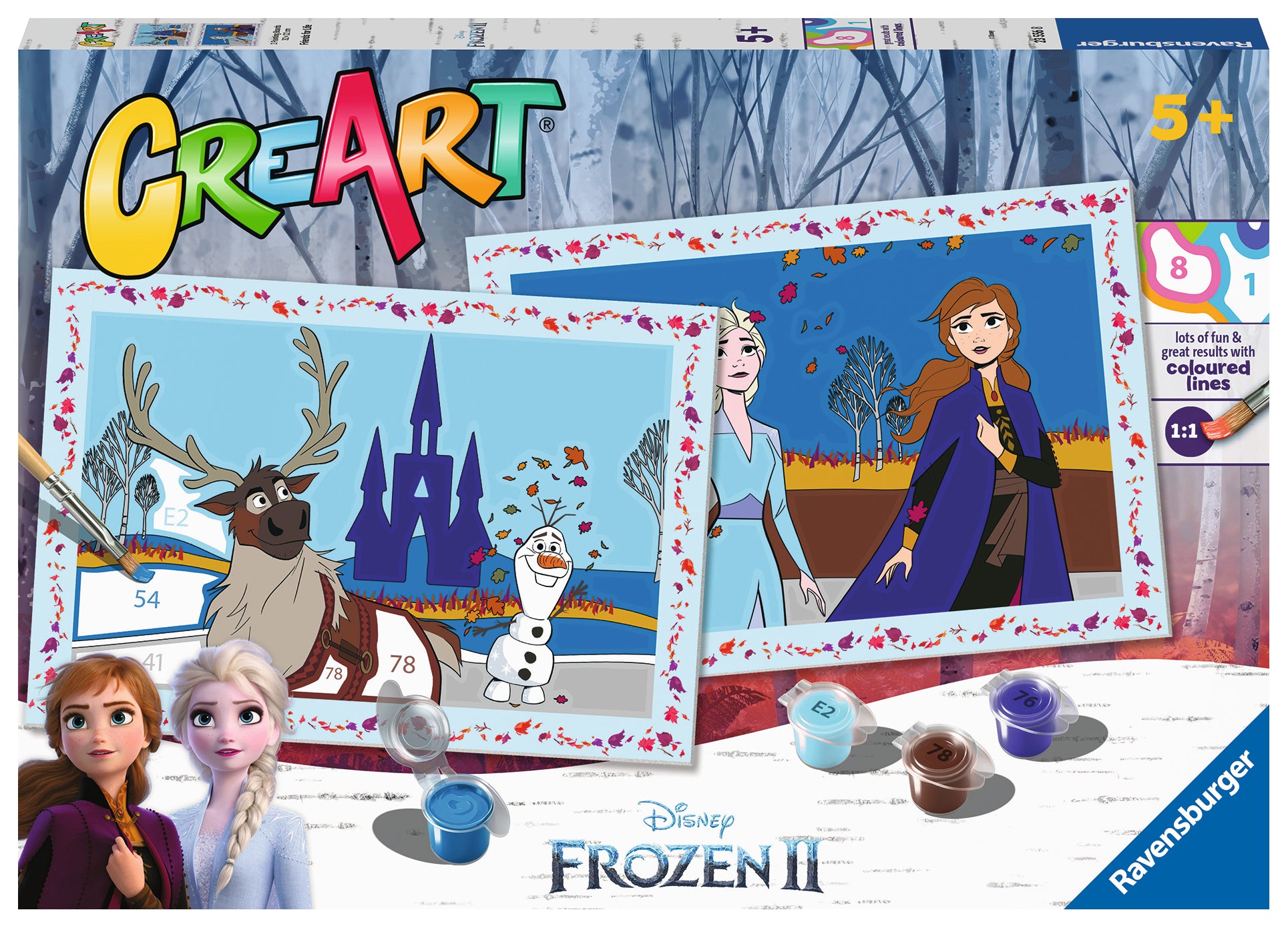 Frozen CreArt verpakking voorkant met Disney personages, knutselen met kinderen vanaf 5 jaar, Ravensburger