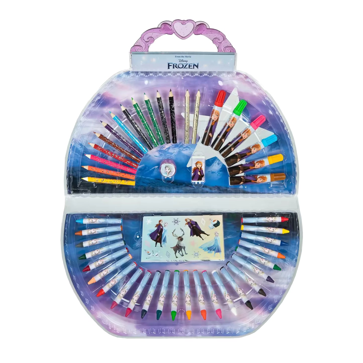 Complete Frozen Kleurkoffer 51-delig met stiften, kleurpotloden en waskrijtjes, ideaal voor kinderen.
