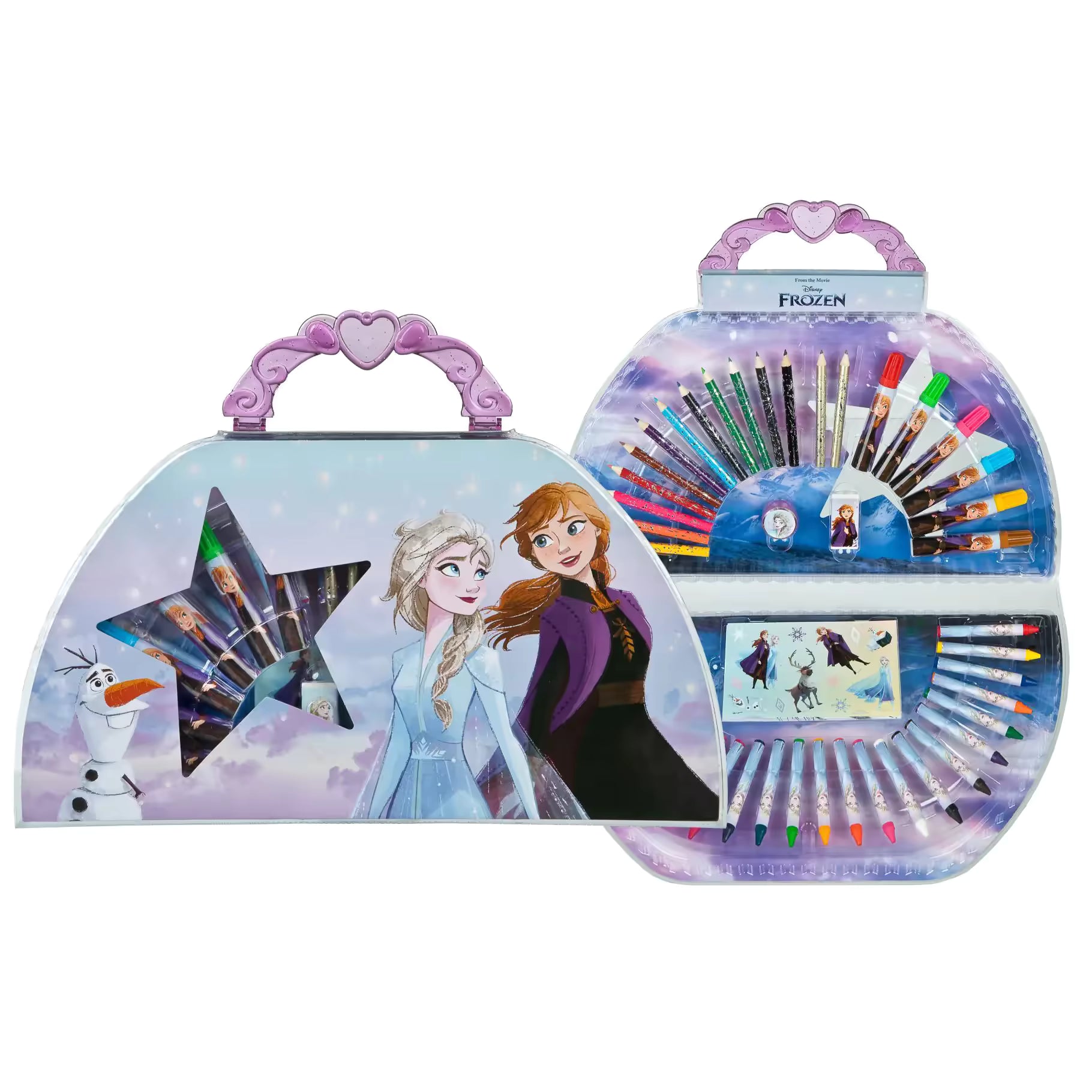 Frozen kleurkoffer voor kinderen met Anna en Elsa design, inclusief stiften, potloden en accessoires.