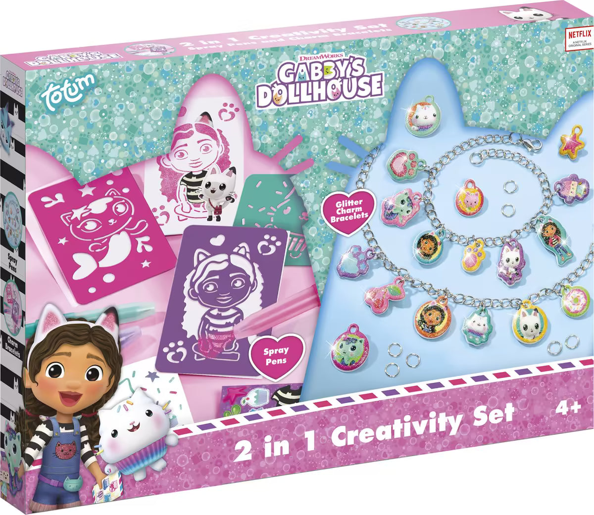 Voorkant verpakking Gabby’s Dollhouse 2 in 1 creatieve set met spraypennen en glitterarmbandjes voor kinderen.
