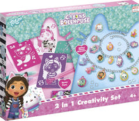 Voorkant verpakking Gabby’s Dollhouse 2 in 1 creatieve set met spraypennen en glitterarmbandjes voor kinderen.