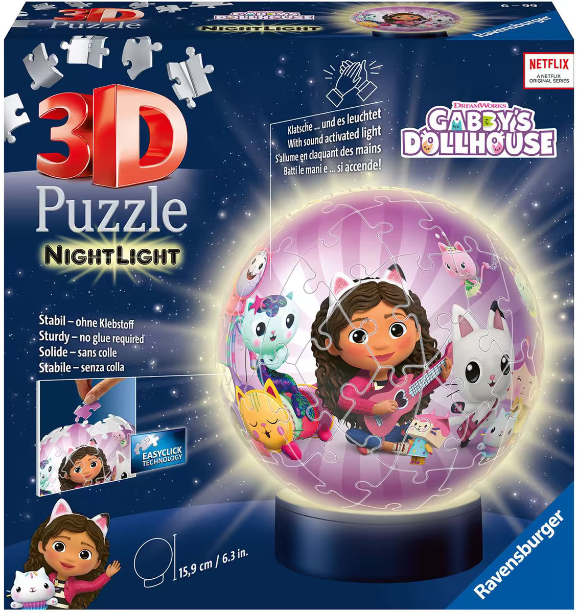 Voorkant doos Ravensburger 3D puzzel Gabby’s Dollhouse met Gabby en kattenfiguren, inclusief nachtlampje baby.