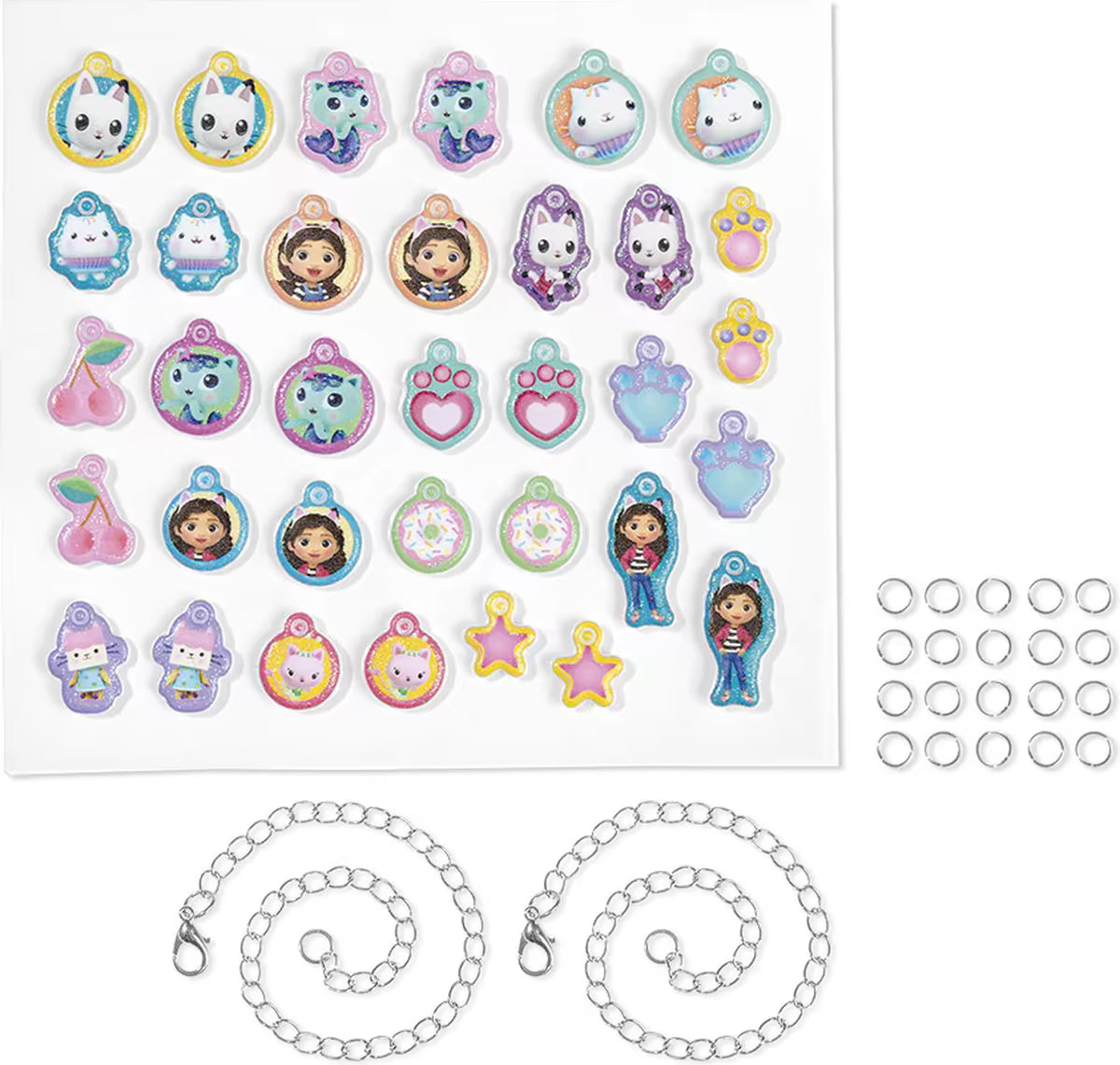 Complete Gabby’s Dollhouse armbandjes set met kettingen, kleurrijke bedeltjes en ringetjes, ideaal om te knutselen met peuters.