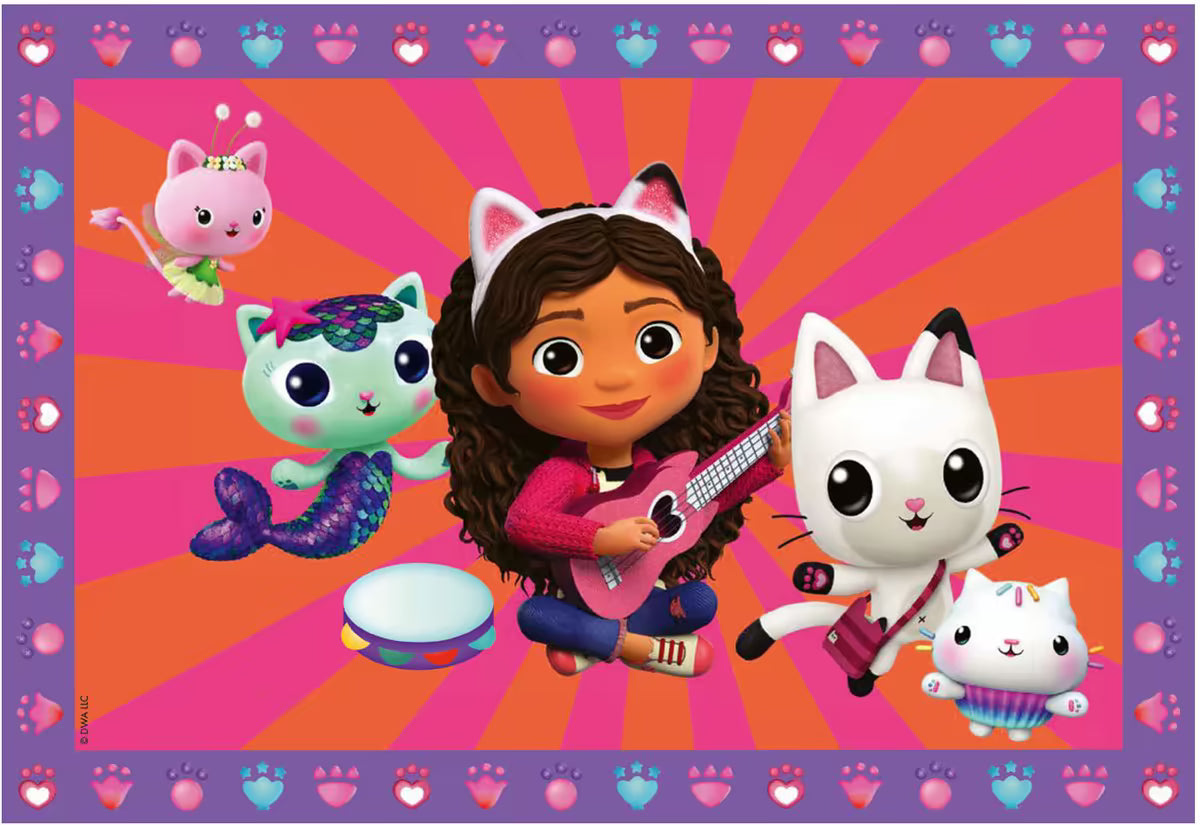 Schilderplaat uit Ravensburger CreArt Gabby’s Dollhouse met Gabby, Kitty Fairy en kattenfiguren, vrolijk knutsel idee voor kinderen.