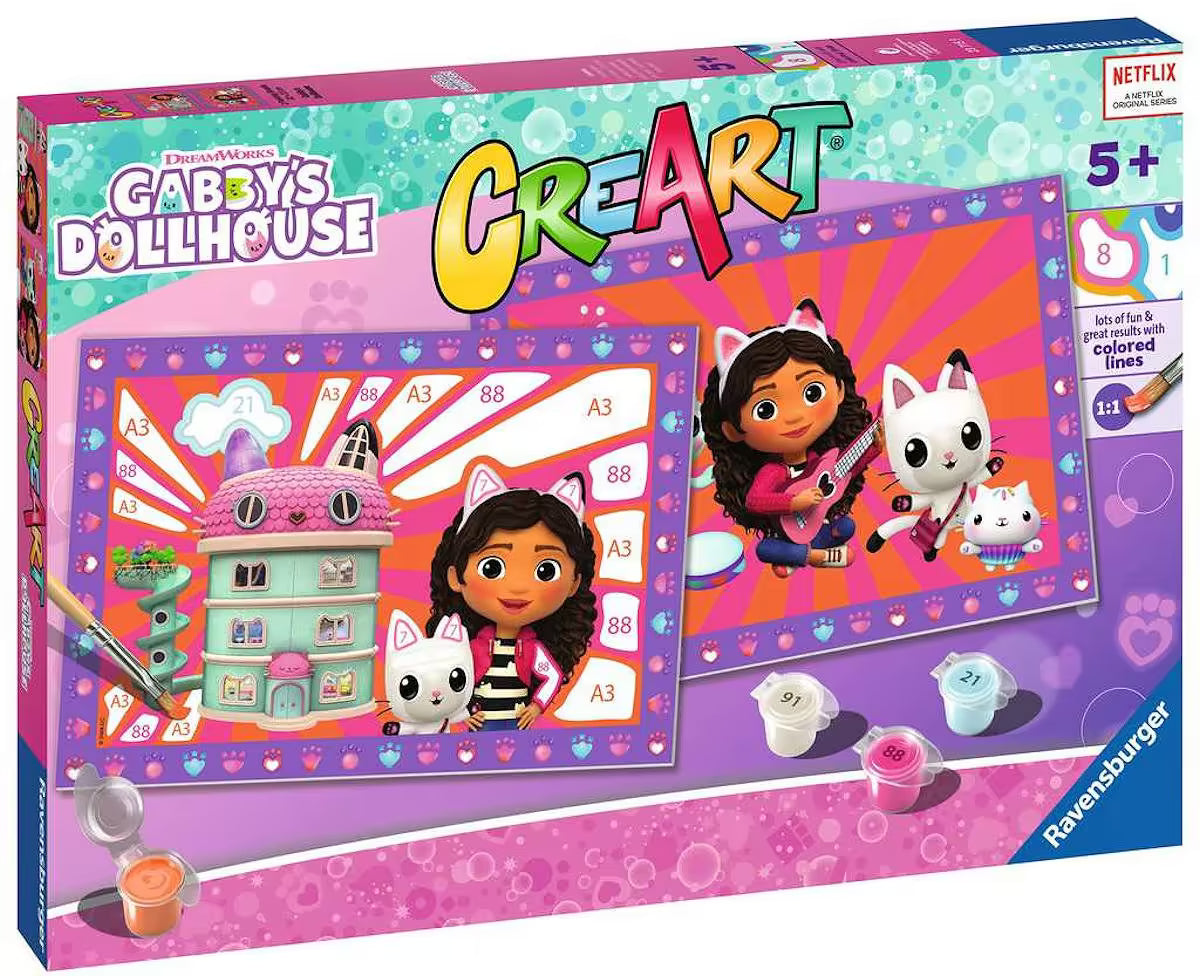 Schuin aanzicht doos Ravensburger CreArt Gabby’s Dollhouse met kleurrijke schilderplaten en verf, leuk om te knutselen.