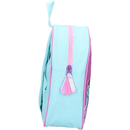 Gabby's Dollhouse kinderrugzak zijaanzicht, lichtblauw met roze tassel en verstelbare banden voor peuters