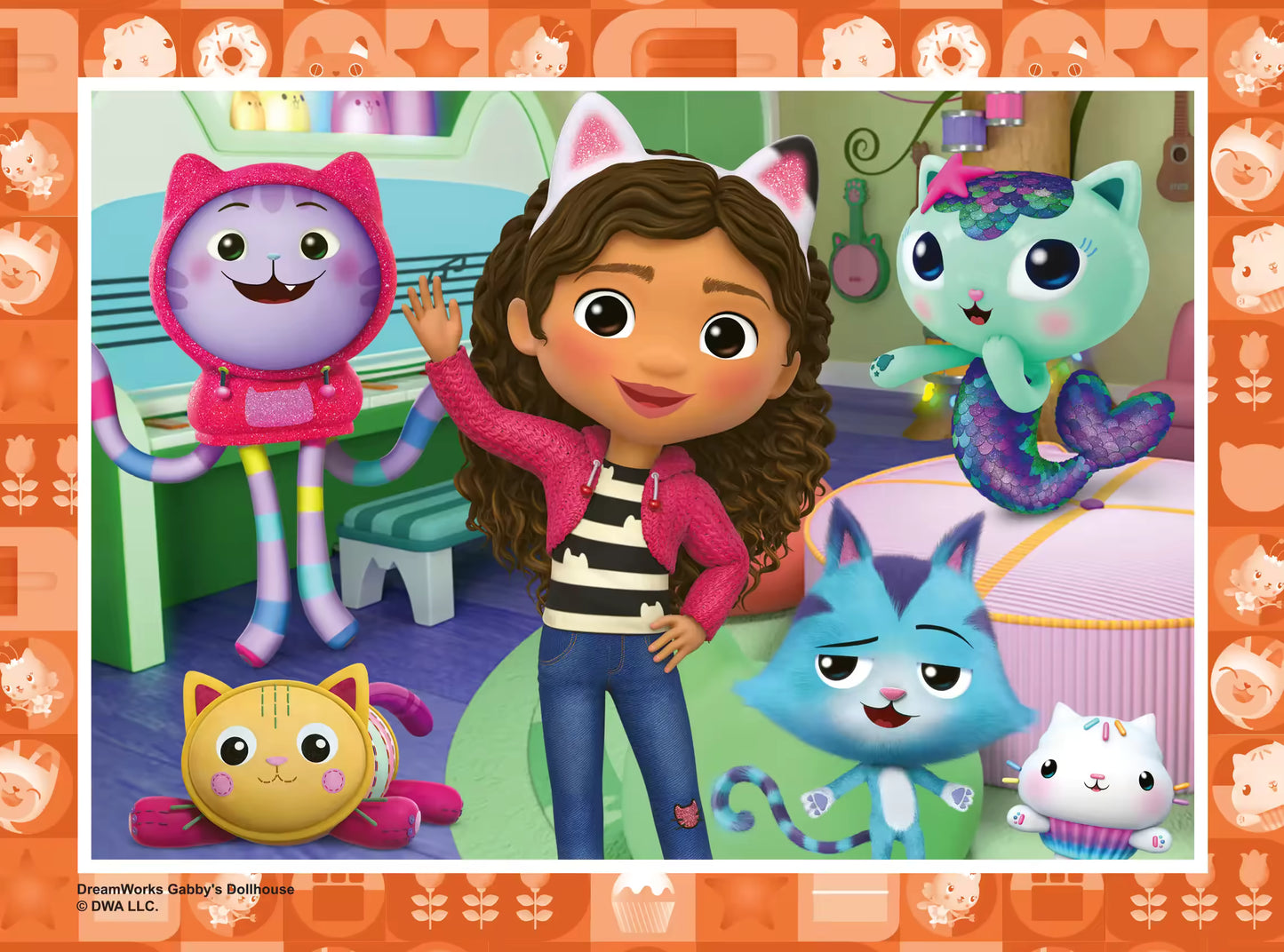 Gabby met kattige vriendjes uit Gabby’s Dollhouse, kleurrijke peuter puzzel met 20 stukjes in speelse setting.