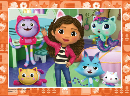 Gabby met kattige vriendjes uit Gabby’s Dollhouse, kleurrijke peuter puzzel met 20 stukjes in speelse setting.